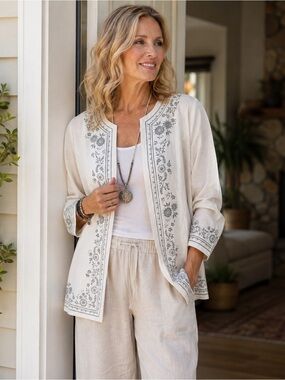 🦋 Plus Size | Ivory / White Linen / Cotton Blend Jacket / Tunic w/ Silver